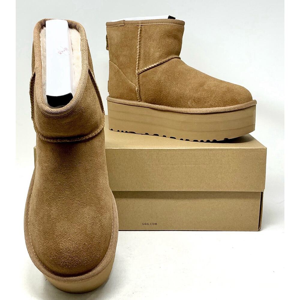 UGG Women Classic Mini Platform Suede Chestnut Boots NIB - Picture 11 of 16